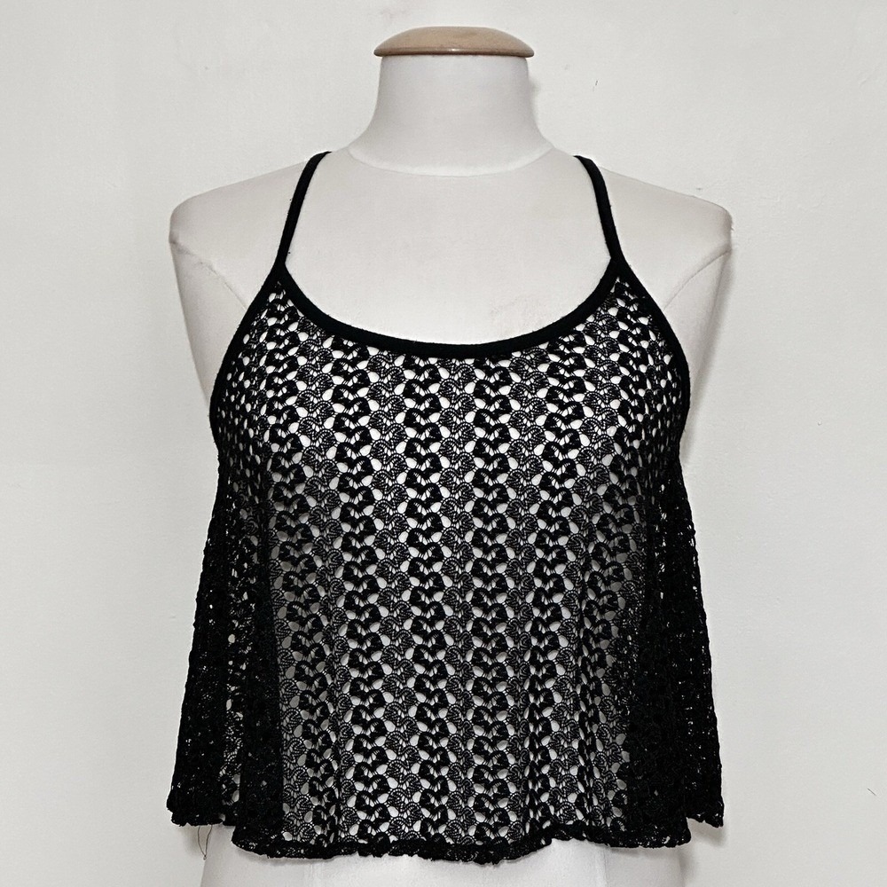 Rave Punk Goth Black Crochet Lace Cami Tank Top S Sheer Festival Y2K Fairy Flowy